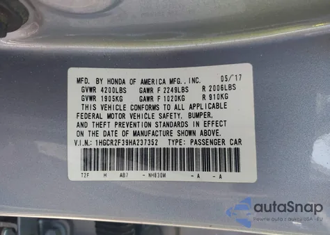 2017 Honda Accord Lx from USA, damaged, VIN 1HGCR2F39HA237352